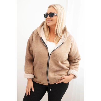 Dámska bunda Plus Size s kapucňou a beránkom v ťavej farbe