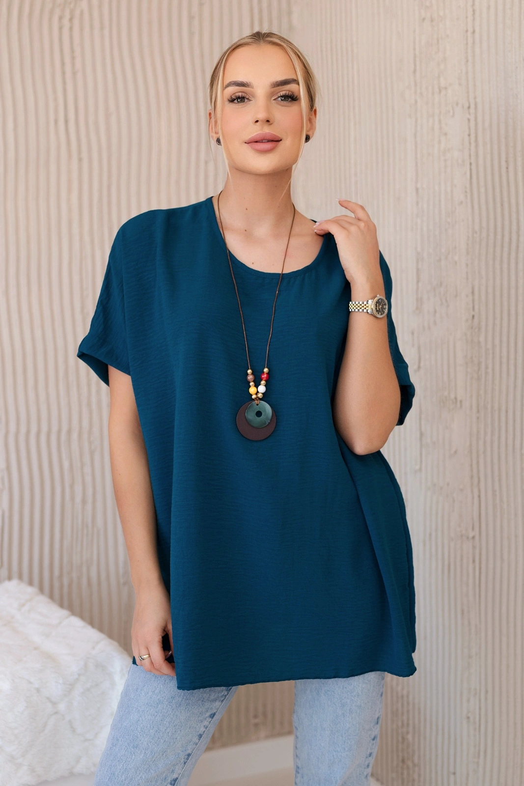 Legínovo Oversize blúzka s príveskom béžová Farba: Ružová, Veľkosť: UNI