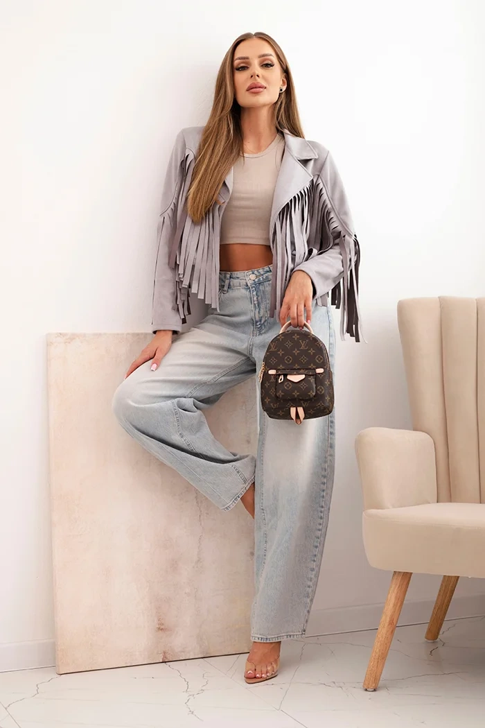 Legínovo Dámska bunda s strapcami zo semišu khaki Farba: Khaki, Veľkosť: UNI