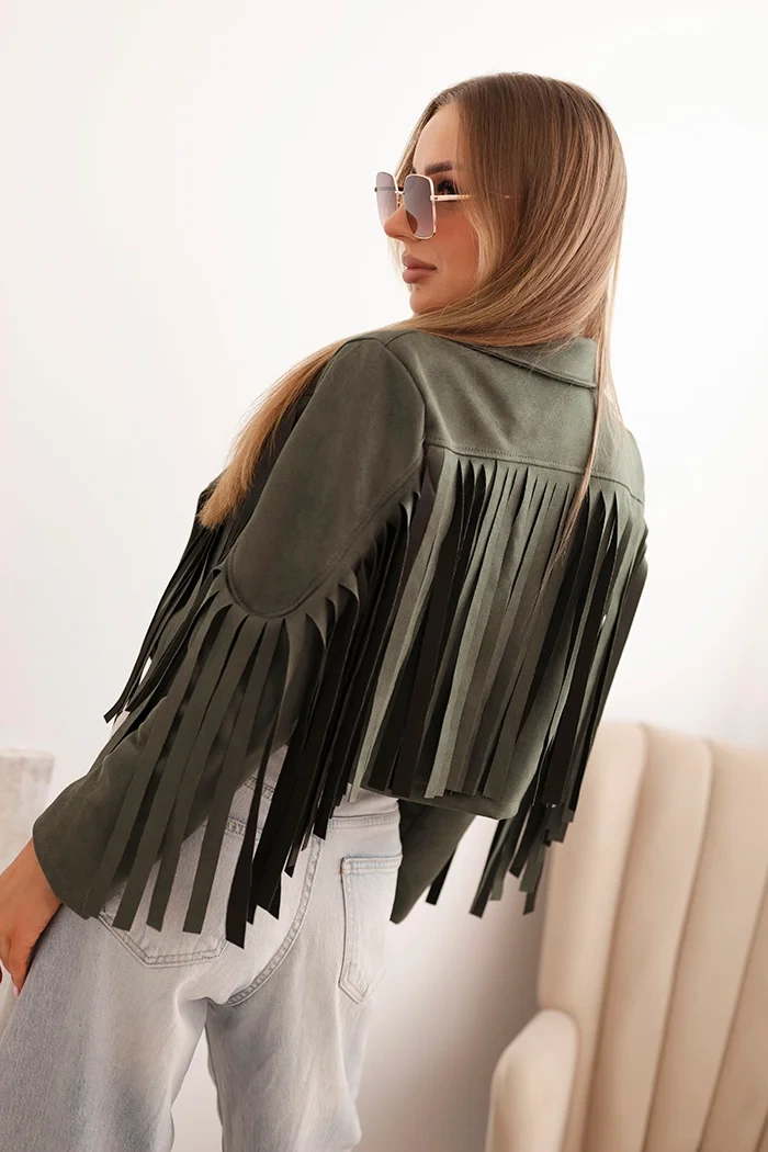 Legínovo Dámska bunda s strapcami zo semišu khaki Farba: Khaki, Veľkosť: UNI