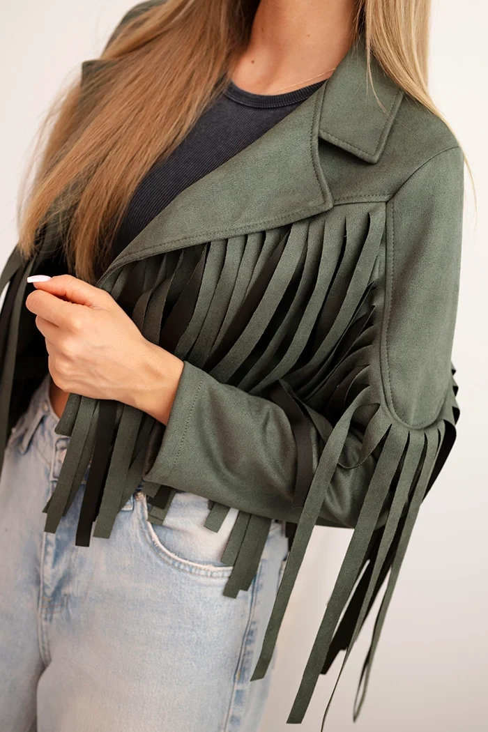 Legínovo Dámska bunda s strapcami zo semišu khaki Farba: Khaki, Veľkosť: UNI