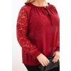 Dámska blúzka Plus Size s čipkovým rukávom a ozdobným výstrihom hnedá