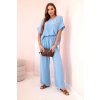 Dámsky komplet z viskózy s ozdobným kvetom a širokými nohavicami béžový
