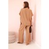 Dámsky komplet z viskózy s ozdobným kvetom a širokými nohavicami béžový