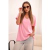 Dámska bavlnená blúzka s V výstrihom a krátkym rukávom cukríkovo ružová