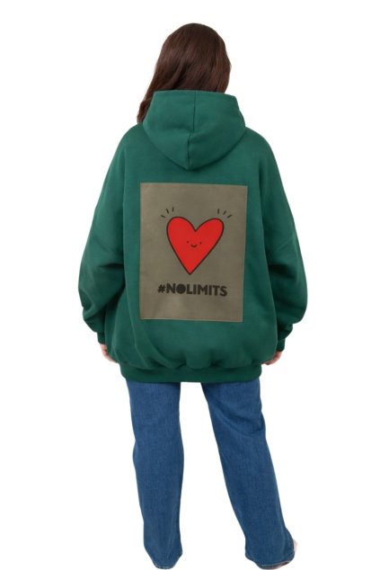 mikina oversized kapuce zelena back srdce plne