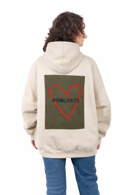 mikina oversized kapuce ecru srdce plne