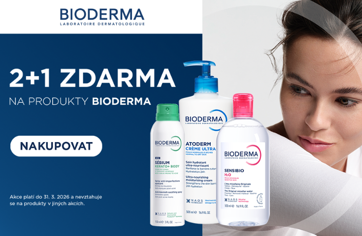 Promo obrázek Bioderma s nabídkou 2+1 zdarma: při nákupu tří produktů Bioderma získáte nejlevnější produkt zdarma. Akce platí do 31. 3. 2026 nebo do vyprodání zásob. Na obrázku jsou zobrazeny různé produkty Bioderma, včetně ikonické micelární vody Sensib
