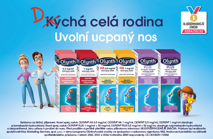 Reklamní banner na nosní spreje Olynth s rodinným motivem a sloganem ‚Dýchá celá rodina‘.