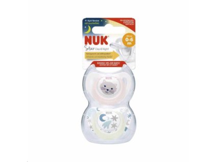 NUK Dojčenský cumlík NUK Star Deň a Noc 0-6 m 2ks/BOX 0-6 m ružový/biely