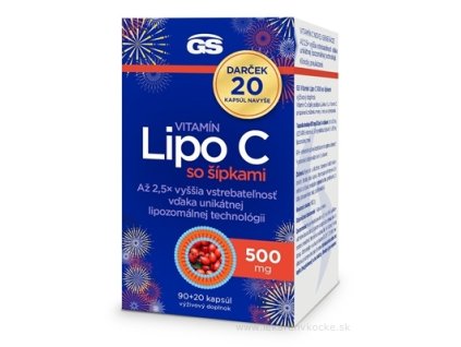 GS Vitamín Lipo C 500 mg + šípky – lipozomálny vitamín C s vysokou vstrebateľnosťou, 110 kapsúl (90+20 ZADARMO)