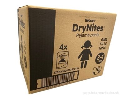 HUGGIES DryNites S pre dievčatá (3-4 roky) JUMBO plienkové nohavičky 12-21 kg, 4x16 ks