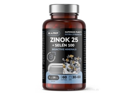 BE A PRO! ZINOK 25 + SELÉN 100 BIOACTIVE MINERALS – chelátový zinok, selén, mangán a vitamíny B2/B6, 60 kapsúl