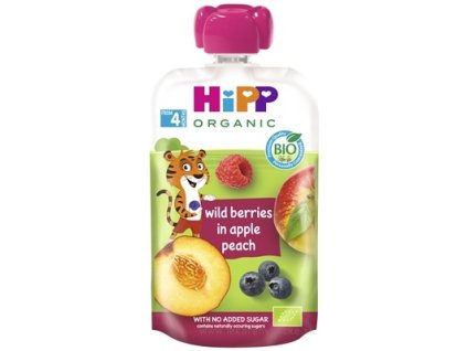 HiPP BIO 100% Ovocie Jablko Broskyňa Lesné ovocie kapsička – ovocný príkrm 100 g (od 4./6. mesiaca)