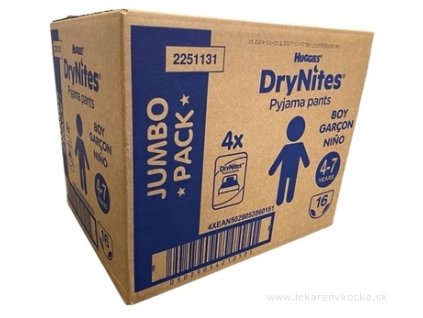 HUGGIES DryNites M pre chlapcov (4-7 rokov) JUMBO plienkové nohavičky 17-30 kg, 64ks