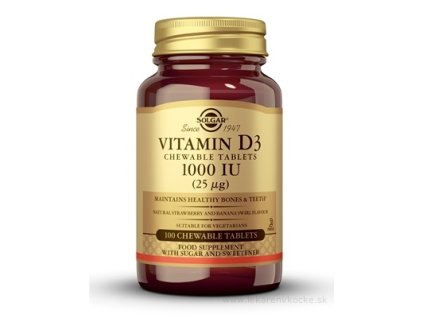 Solgar Vitamín D3 1000 IU 100 žuvacích tabliet jahoda a banán