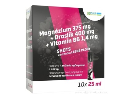 PLUS LEKÁREŇ Magnézium + Draslík + Vitamín B6 SHOTS – ampuly, príchuť lesné plody, 10 × 25 ml