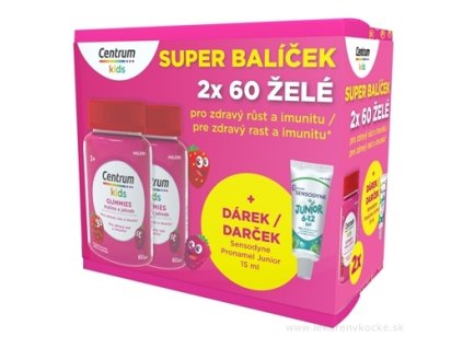 Centrum Kids Gummies malina & jahoda – želé vitamíny a minerály (darčekové balenie) 2×60 ks + darček: zubná pasta,
