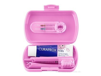 CURAPROX Kids cestovný set ružový – kefka, medzizubné kefky, pasta melón 6+, nálepka