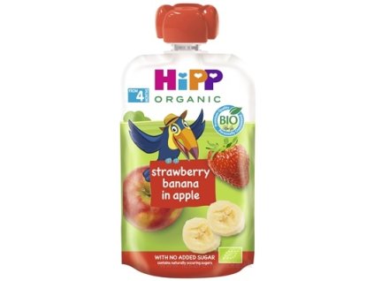 HiPP BIO 100% Ovocie Jablko Banán Jahoda kapsička – ovocný príkrm 100 g (od 4./6. mesiaca)