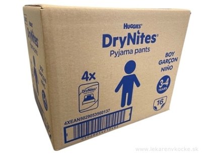 HUGGIES DryNites S pre chlapcov (3-4 roky) JUMBO plienkové nohavičky 12-21 kg, 4x16 ks