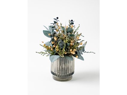 Stabilizovaný aranžmán „Frosted Winter“ v sklenenej váze – zimná dekorácia