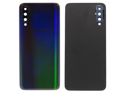 Detailní pohled na černý zadní kryt pro Samsung Galaxy A50 (SM-A505F/FN) s viditelnými otvory pro fotoaparát.