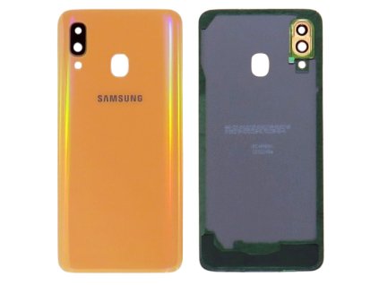 Detailní pohled na oranžový zadní kryt pro Samsung Galaxy A40 (SM-A405F/FN) s viditelnými otvory pro fotoaparát.