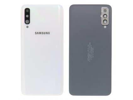 Detailní pohled na bílý zadní kryt pro Samsung Galaxy A50 (SM-A505F/FN) s viditelnými otvory pro fotoaparát.