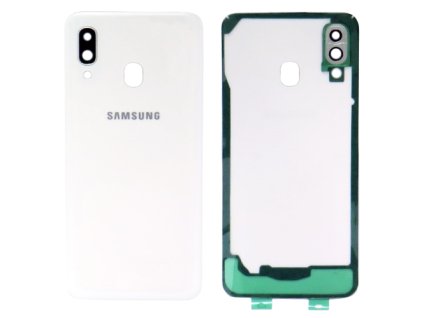 Detailní pohled na bílý zadní kryt pro Samsung Galaxy A40 (SM-A405F) s viditelnými otvory pro fotoaparát.