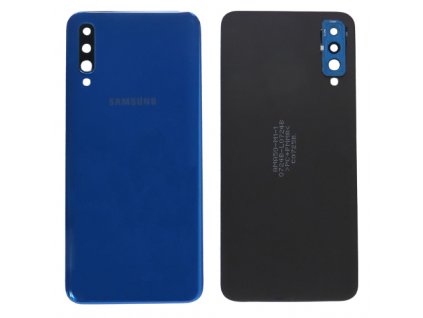 Detailní pohled na modrý zadní kryt pro Samsung Galaxy A50 (SM-A505F/FN) s viditelnými otvory pro fotoaparát.