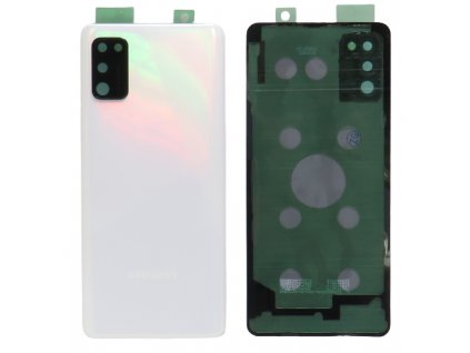 Detailní pohled na bílý zadní kryt Prism Crush Silver pro Samsung Galaxy A41 (SM-A415F) s viditelnými otvory pro fotoaparát.