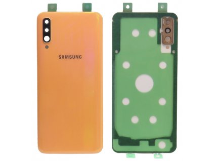 Detailní pohled na oranžový zadní kryt pro Samsung Galaxy A50 (SM-A505F/FN) s viditelnými otvory pro fotoaparát.