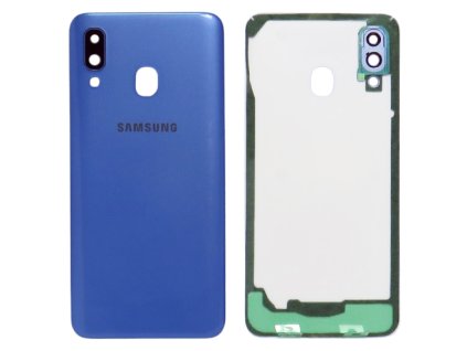 Detailní pohled na modrý zadní kryt pro Samsung Galaxy A40 (SM-A405F/FN) s viditelnými otvory pro fotoaparát.