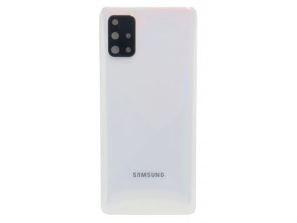Detailní pohled na bílý zadní kryt Prism Crush Silver pro Samsung Galaxy A71 (SM-A715F) s viditelnými otvory pro fotoaparát.
