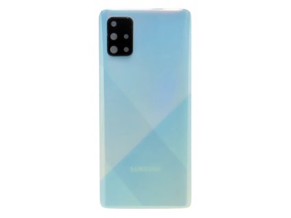 Detailní pohled na modrý zadní kryt Prism Crush Blue pro Samsung Galaxy A71 (SM-A715F) s viditelnými otvory pro fotoaparát.