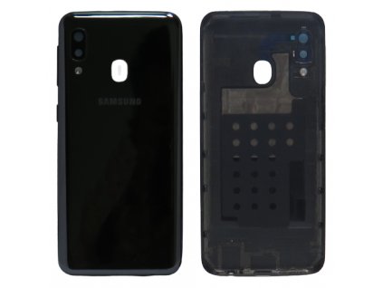 Zadní kryt s krytem fotoaparátu pro Samsung Galaxy A20e (SM-A202F) v černé barvě.