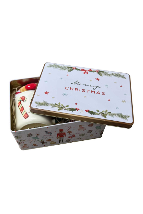 Bohemia Gifts & Cosmetics Vianočný plechový box hrnček, ponožka, čaj a sviečka (BC250096)