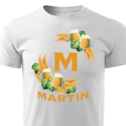 Pánské tričko Pivní věnec s monogramem a jménem Martin bílé