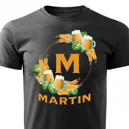 Pánské tričko Pivní věnec s monogramem a jménem Martin černé