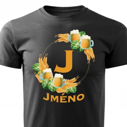Pánské tričko Pivní věnec s monogramem a jménem na přání černé