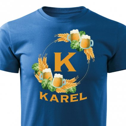 Pánské tričko Pivní věnec s monogramem a jménem Karel modré