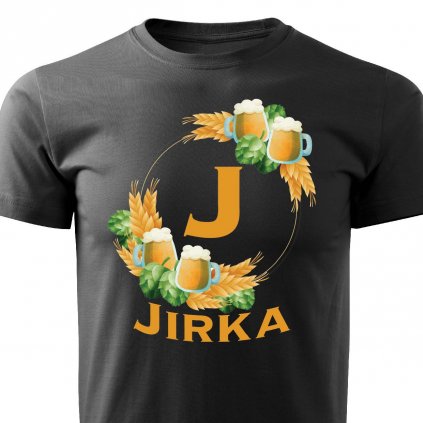 Pánské tričko Pivní věnec s monogramem a jménem Jirka černé
