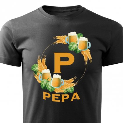 Pánské tričko Pivní věnec s monogramem a jménem Pepa černé
