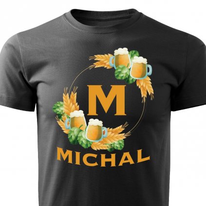 Pánské tričko Pivní věnec s monogramem a jménem Michal černé