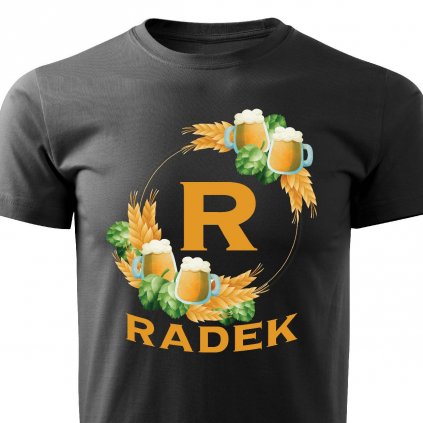 Pánské tričko Pivní věnec s monogramem a jménem Radek černé