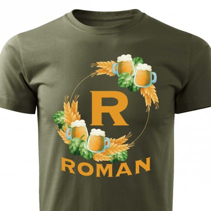 Pánské tričko Pivní věnec s monogramem a jménem Roman vojenské