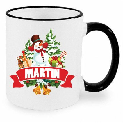 Vánoční hrnek Vánoční sněhulák se jménem Martin černý