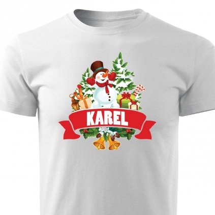 Pánské tričko Vánoční sněhulák se jménem Karel bílé
