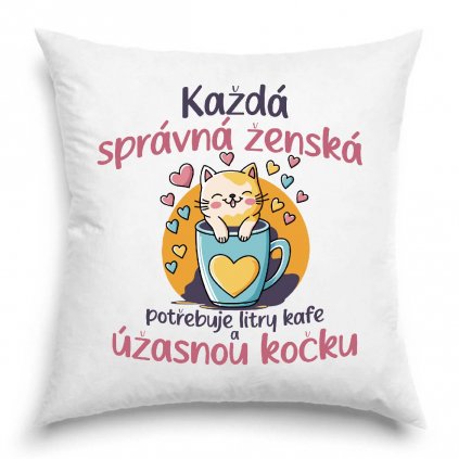 Polštář Každá správná ženská potřebuje litry kafe a kočku